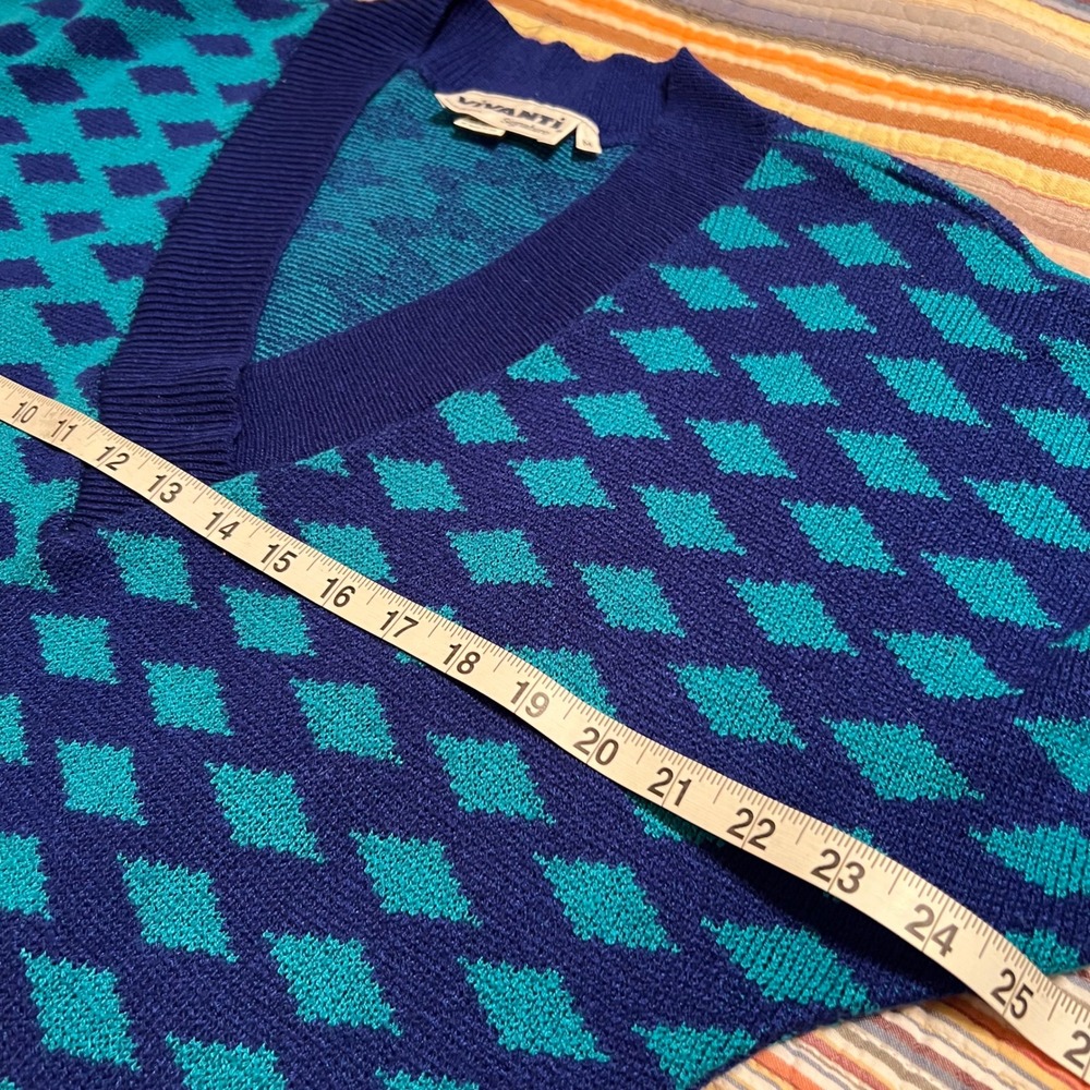 Vivanti VTG‎ Signature V Neck Diamond Sweater Blue Teal Size M Made in the USA - Picture 6 of 7